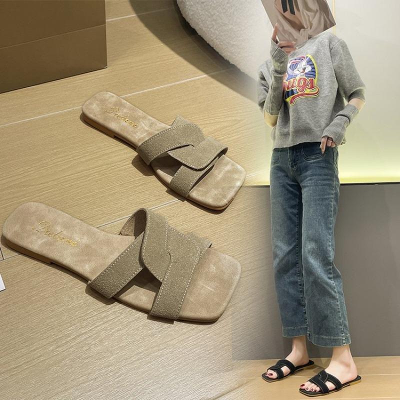 Women Flats Slippers Women Summer Trend Comfortable Square Open Toe Sandals Ldies Lightweight Non Slip Beach Slides Flip Flops