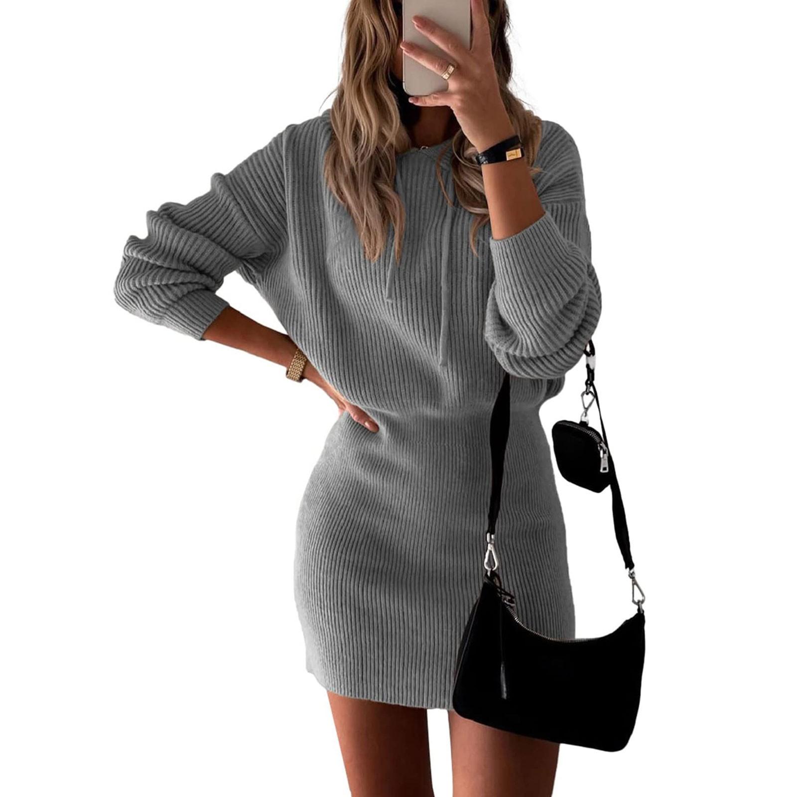 

Женский зимний вязаный пуловер в рубчик, модные осенние платья, облегающее платье с длинным рукавом и капюшоном S светло-серый