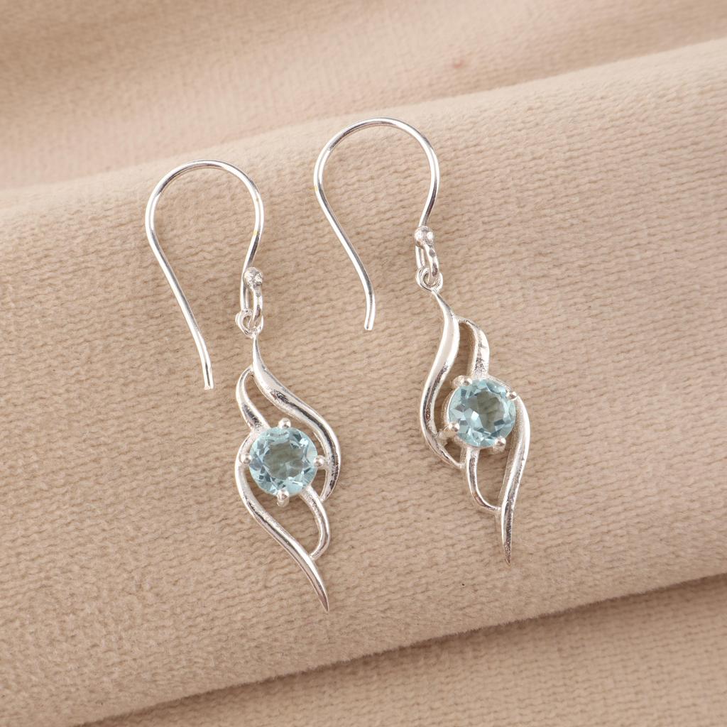 Natürlicher Himmelblauer Topas Edelstein 925 Sterlingsilber Designer Schmuck Damen Hängeohrring 1,7" CE-22-4