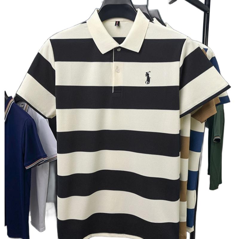 Herrskjorta i koreansk stil, tryckt, randig, pikétröja, bomull, slag, avslappnad, kortärmad topp