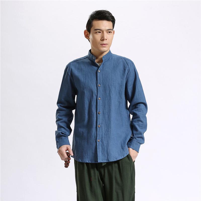 Ma Fan Buyi 2025 Chinese Style Men's Linen Shirt with Coconut Button and Stand Collar
