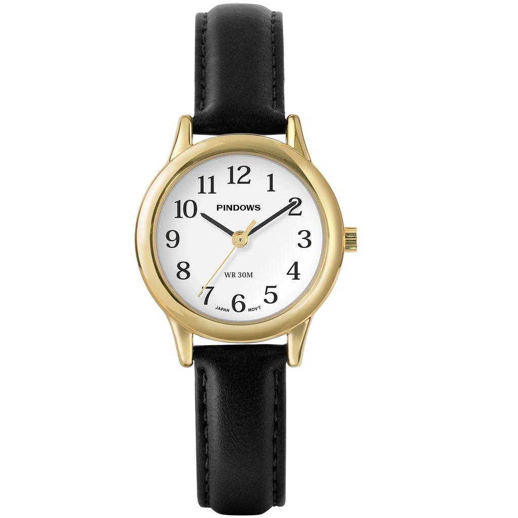 PINDOWS Slim Minimalist Quartz Analog Watch with Black Leather Strap and Case A Stylish and Elegant Everyday Watch Women's Gold-Tone -