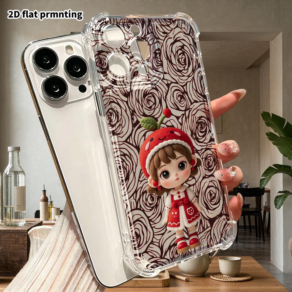 Phone Case: 2D Flat Design, Suitable for iPhone 18 17 16 15 14 13 Pro, Transparent Corner Protection Case, Cherry Girl, Christmas and Halloween Gift