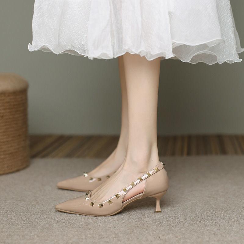 Side hollow high heels women's summer stiletto rivet high heels middle heel pointed head small heel short heel nude single shoes