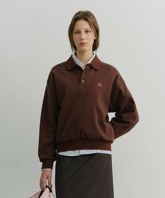 Deonseuteu Unisex Leather Logo Collared T-Shirt_Udts6A110_Brown