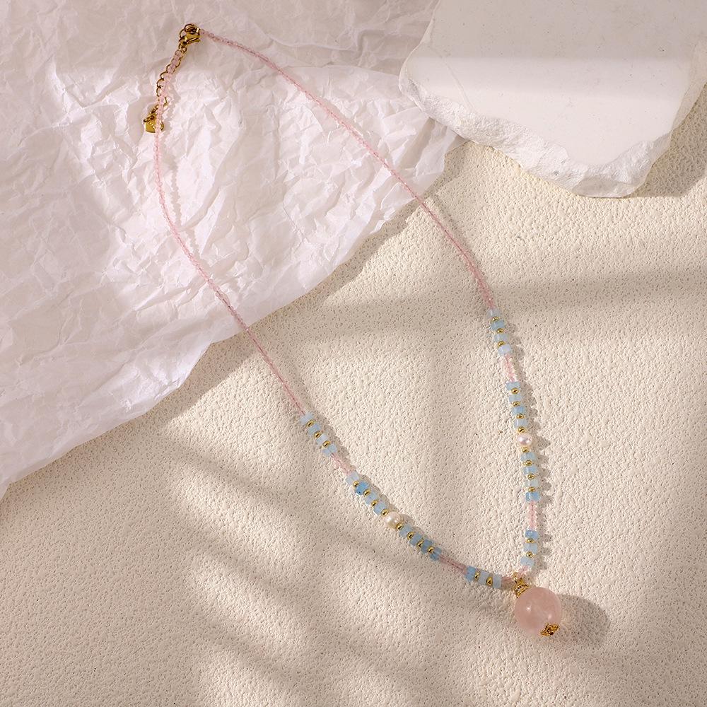 Korean Macaron Color Beaded Necklace with Heart and Floral Design