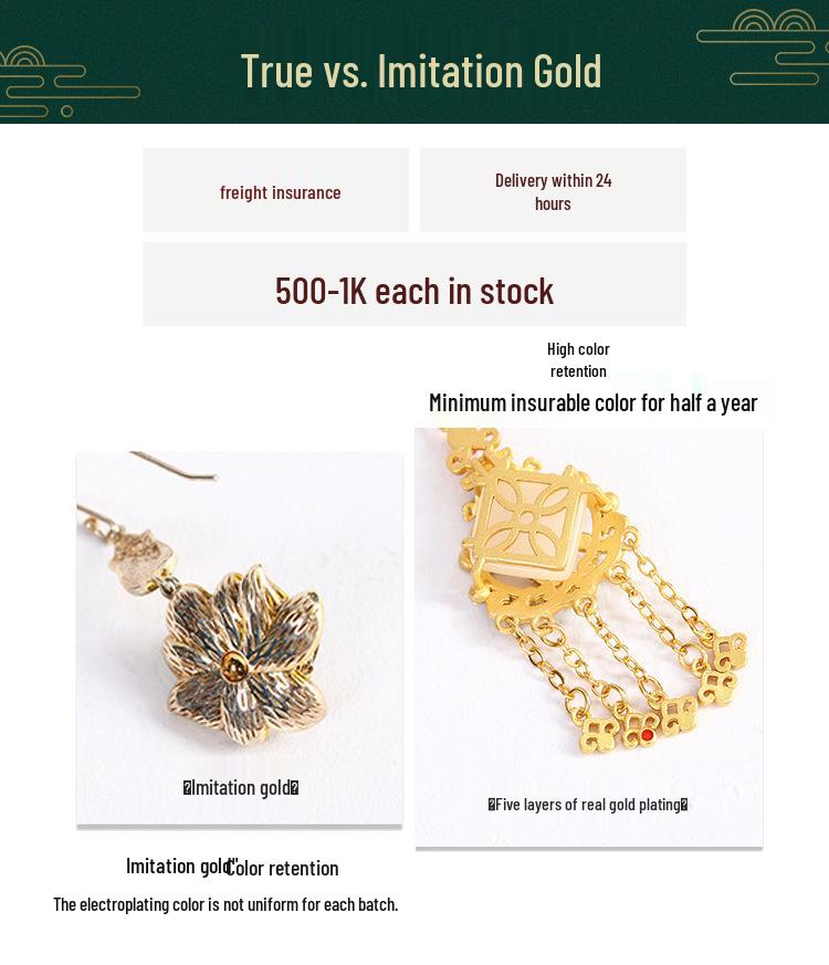 Gold-Plated Earrings with Silver Pins, Jade-Style Butterfly, and Sugar Square Inlay - Elegant, New Chinese Style.