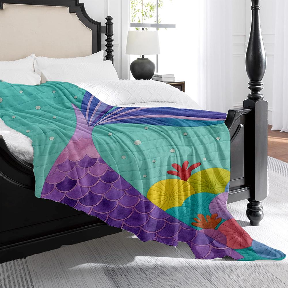 1 stuks Turquoise Blauw & Paars Zeemeerminstaart Pluche Deken - Zachte Gewatteerde Flanellen Sprei met Glinsterende Schubben, Alle Seizoenen