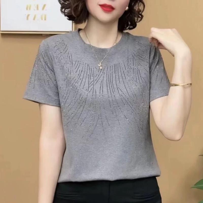 

Women s Summer Rhinestone Slimming Round Neck Short Sleeve T-Shirt 2XL (recommended 130-145 lbs) сірий колір