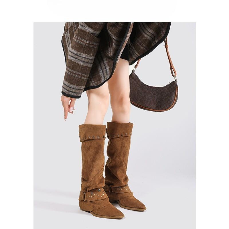 Pointed-toe Retro Shoes, Trouser Boots, Autumn and Winter New Style, Thick-heeled Metal Buckle Boots