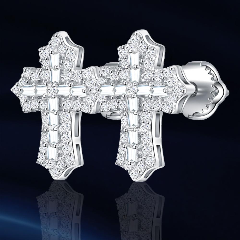 Cross Moissanite Earrings 14K White Gold Plated Studs Screw-Back Earring