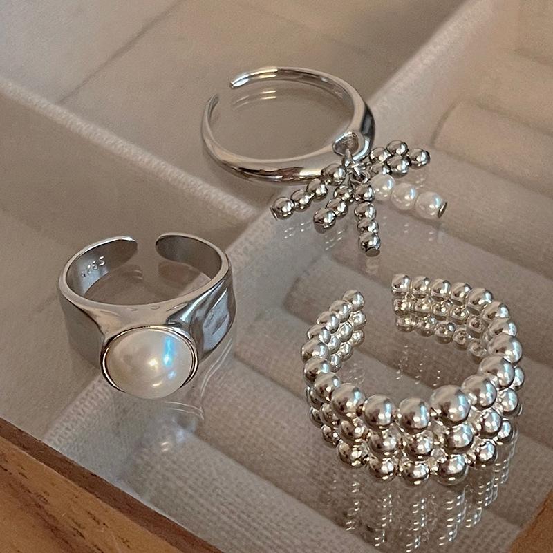 925 Sterling Silver Geometric Pearl Rings For Women Men Simple Korean Fashion Open Adjustable Handmade Ring Couple Gifts