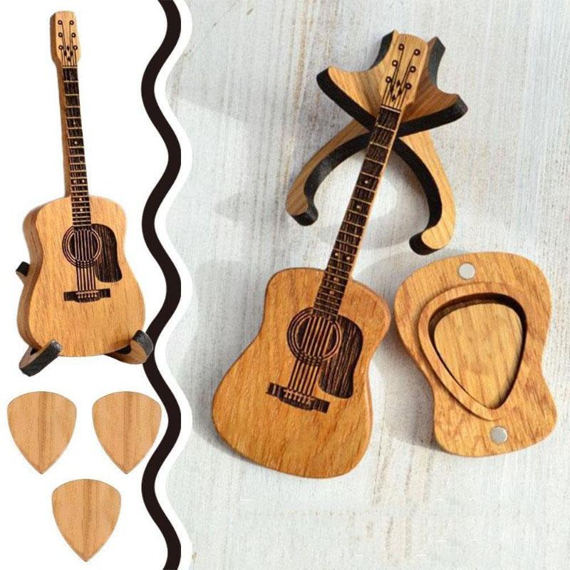 Wooden Guitar Pick Box + 3 Picks & Stand Holder Case NEW