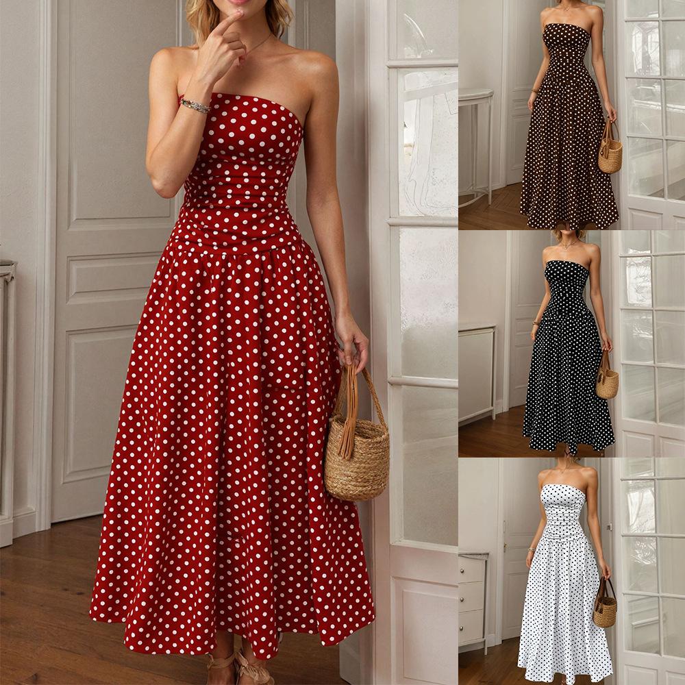 Summer New Style Polka Dot Plunging Top Dress for Women, Retro Fitted A-line Long Dress