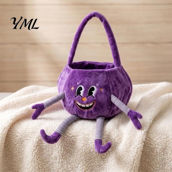 Kids Halloween Role Play Accessories Pumpkin Candy Basket with Handle, Soft Plush Trick or Treat Bag for Kids, Decorative Party Supply Holders
