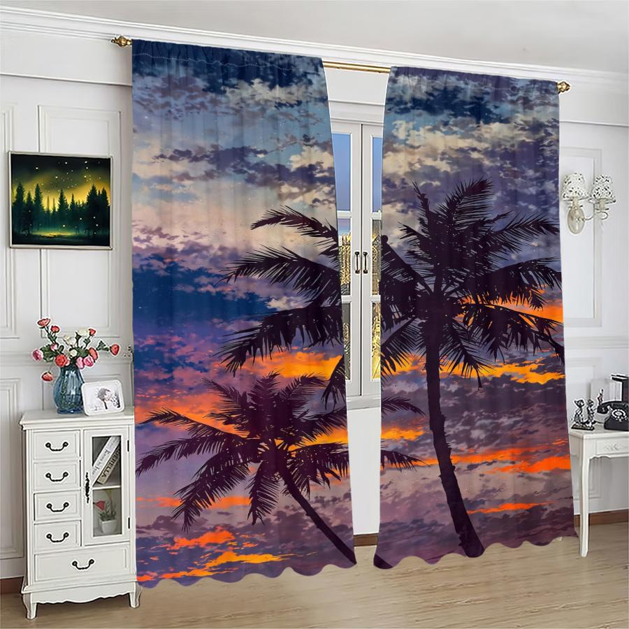 Coconut Tree Printed Curtains Pole Bag Christmas Decorations Daily Home Room Made Of Polyester