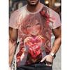Men's T-shirt with Anime Girl Print, Suitable for All Seasons