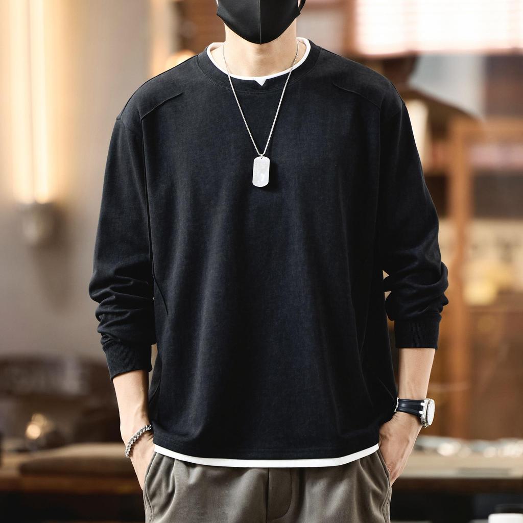 Men's 2025 Autumn Retro Polo Shirt - Trendy Long Sleeve Hoodie with Lapel and Fake Two-Piece Design