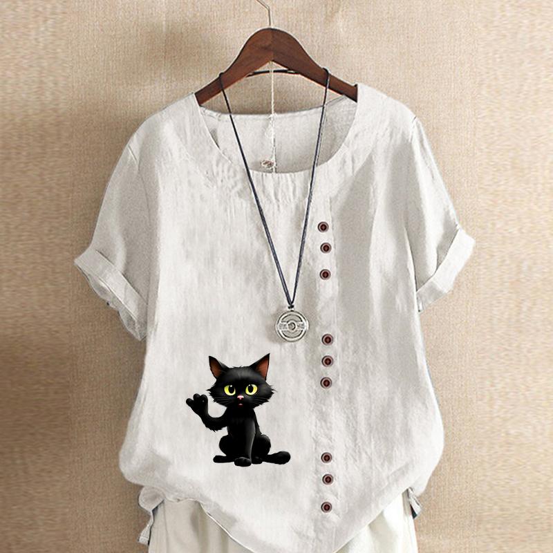 

Женская модная черная футболка с коротким рукавом с принтом «кошка», свободная хлопковая рубашка, повседневная свободная летняя блузка, топы больших размеров 5XL белый