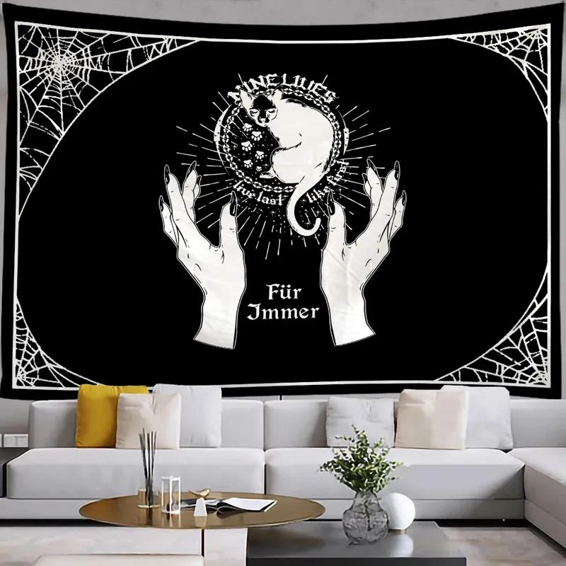 

Мультяшный черно-белый кот висит ткань офис гостиная гобелен украшение стены дома гобелен 100x75cm