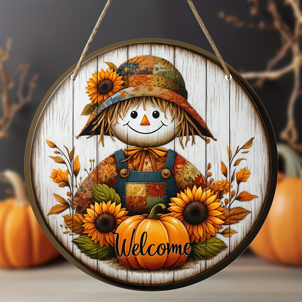 2d Flat 20*20cm, Autumn Home Decoration, Creative Decor Logo, Wooden Round Logo with Autumn Sunflowers, Pumpkins and Scarecrows, Used for Kitchen