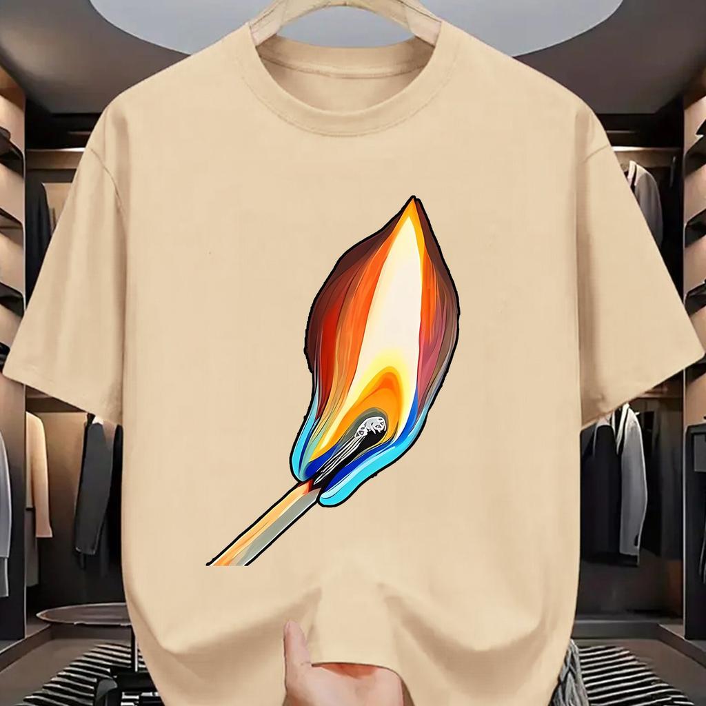 Brennendes Streichholz Grafikdruck Herren Baumwoll T-Shirt Lässig Kurzarm Rundhalsausschnitt Sommer T-Shirt