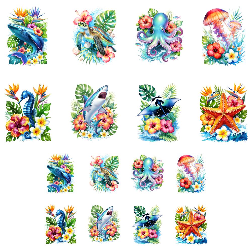 16Pcs 16 Styles Plastic Heat Transfer Film Logo Stickers Set for DIY T-Shirt Mixed Shapes 80~220x65~180mm 1pc/style