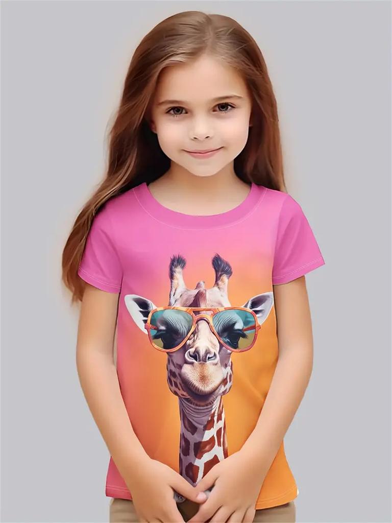 Girl Clothes Cute Animals 3D Print Casual Crew Neck Short Sleeves Graphic T Shirts Children's Clothing 2-10Y for Animals Lover