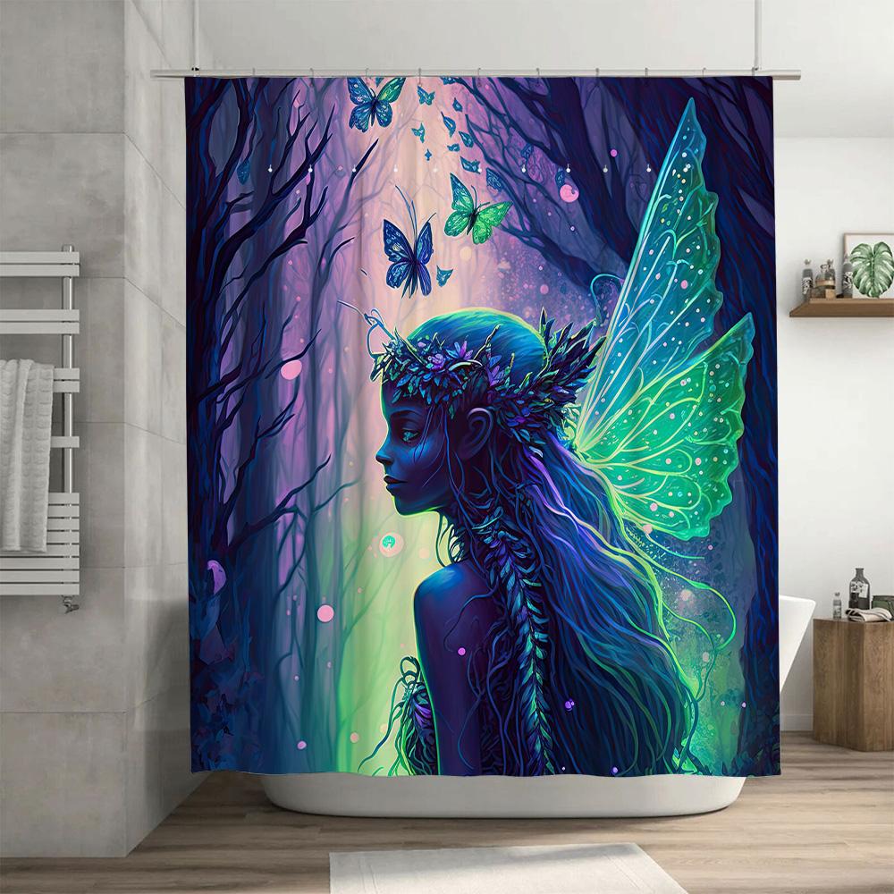 Beautiful Fairy Shower Curtain Enchanted Forest Design with Wings and Butterflies for Bathroom Decorations Soft Fabric Material