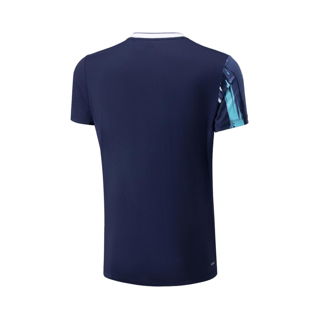 Li-Ning Badminton Series Printed V-Neck Comfortable Breathable Versatile Casual Short Sleeve Badminton Shirt Unisex tops Deep-Purple Blue AAYV025-1