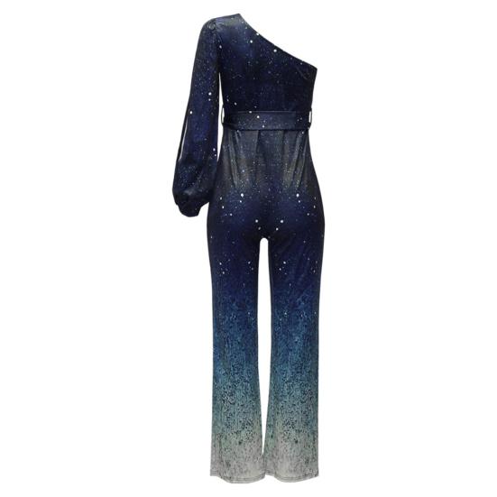 Women Party Jumpsuit Wide Leg High Waist Shiny Powder One Long Sleeve