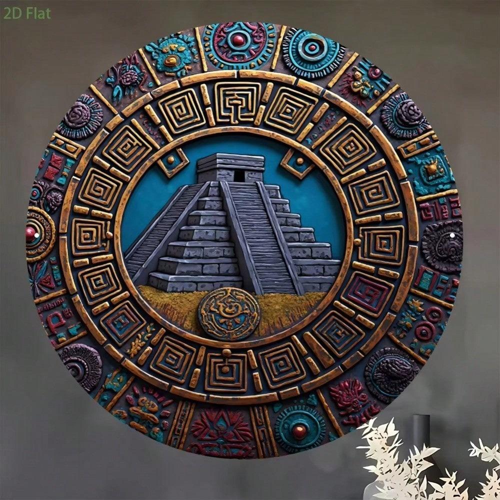 Vintage Mayan Pyramid Round Metal Sign 8x8in Exotic Wall Art Home Decor