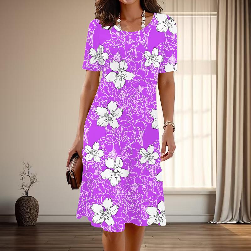 Women's Fashion Graceful Flower Print Summer Spring Short Sleeve O-Neck Casual Dresses