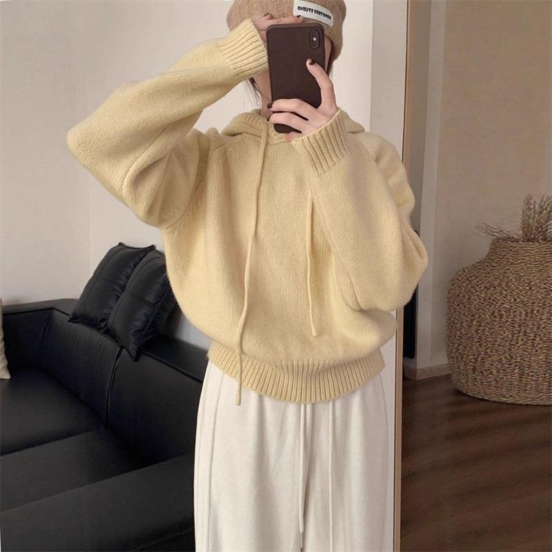 Design sense niche hooded knitted sweater top women's autumn and winter new small wear loose pullover sweater