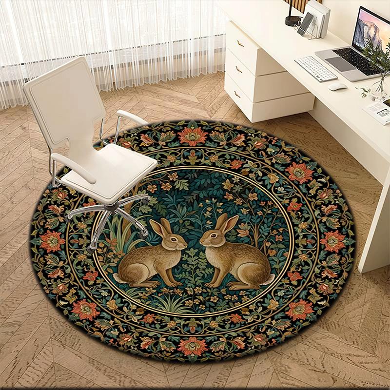 1pc Medieval William Morris Rabbit Design Round carpet Painted Printed circular carpet, home door mat, outdoor travel protection carpet