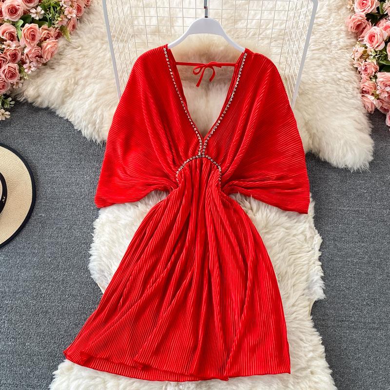 

Высококачественное сексуальное темпераментное свободное плиссированное платье с v-образным вырезом и открытой спиной на талии и рукавами «летучая мышь» One Size