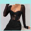 Streetwear Lace Mesh Fishbone Long Sleeve T Shirt For Women