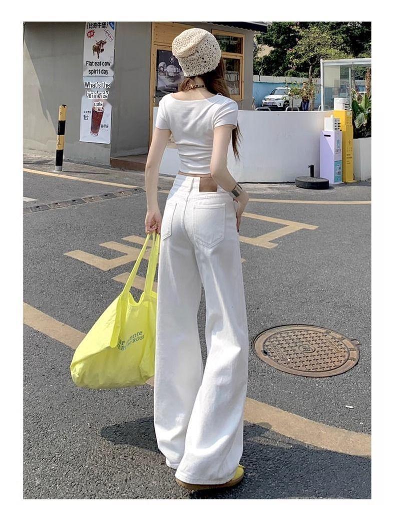 Damen Jeans im amerikanischen Stil, Weiß, Schlank, Weiter Bein, Hohe Taille, Sommer, Bodenlang, Entspannte Passform