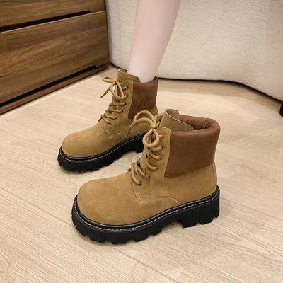 Autumn Winter Thick Sole Lace-Up Riding Boots Women's Suede Patchwork Ankle Boots Platform British Style Casual Platform Shoes