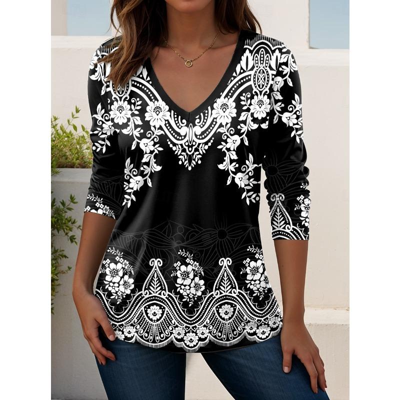 Women s T Shirt Print Graphic Geometric Paisley Bohemia Vintage Stylish LONG Sleeve V Neck Regular Tops S