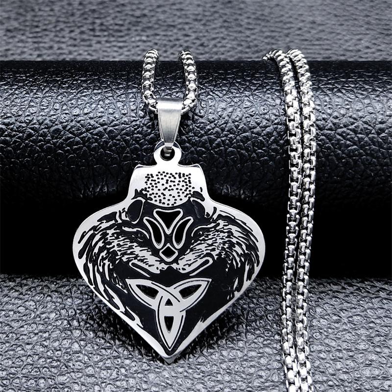 Viking Wolf Knot Necklace Stainless Steel Valknut Odin Norse Symbol Jewelry for Men Women N7802S01