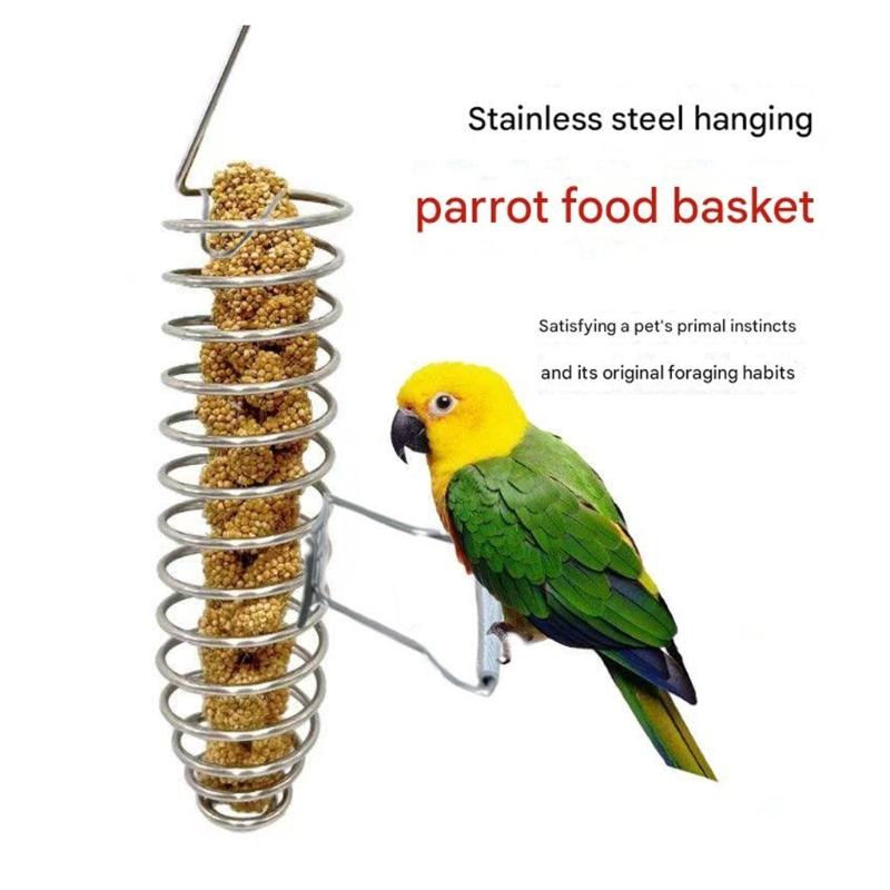Stainless Steel Hanging Bird Feeder With Perch Stand For Parrots Cockatiels And Pet Bird Fruit Vegetable Treats Feeding