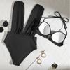 Women's Swimsuit Solid Color Deep V Hard Cup Backless Halter Neck Bikini Split Set Beachwear Bathing Suits