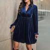 Herbst Neuer Stil Elegantes Retro-Stil Damen Locker Tiefes V-Ausschnitt Samt Unifarbenes Kleid