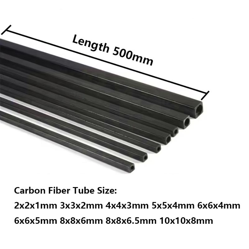 1-3 uds Longitud x 500 mm Tubo Cuadrado de Fibra de Carbono 2x2x1mm 3x3x2mm 4x4x3mm 5x5x4mm 6x6x4mm 6x6x5mm 8x8x6mm 8x8x6.5mm 10x10x8mm