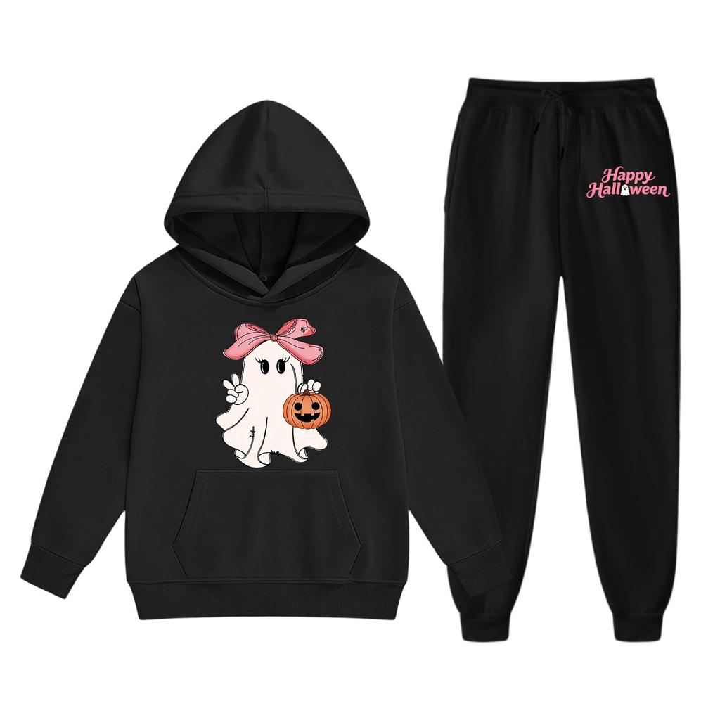 Kids Halloween Hoodie and Pants Set Ghost Print Pullover Hooded Sweatshirt and Elastic Waist Pants Comfortable Fit for Children