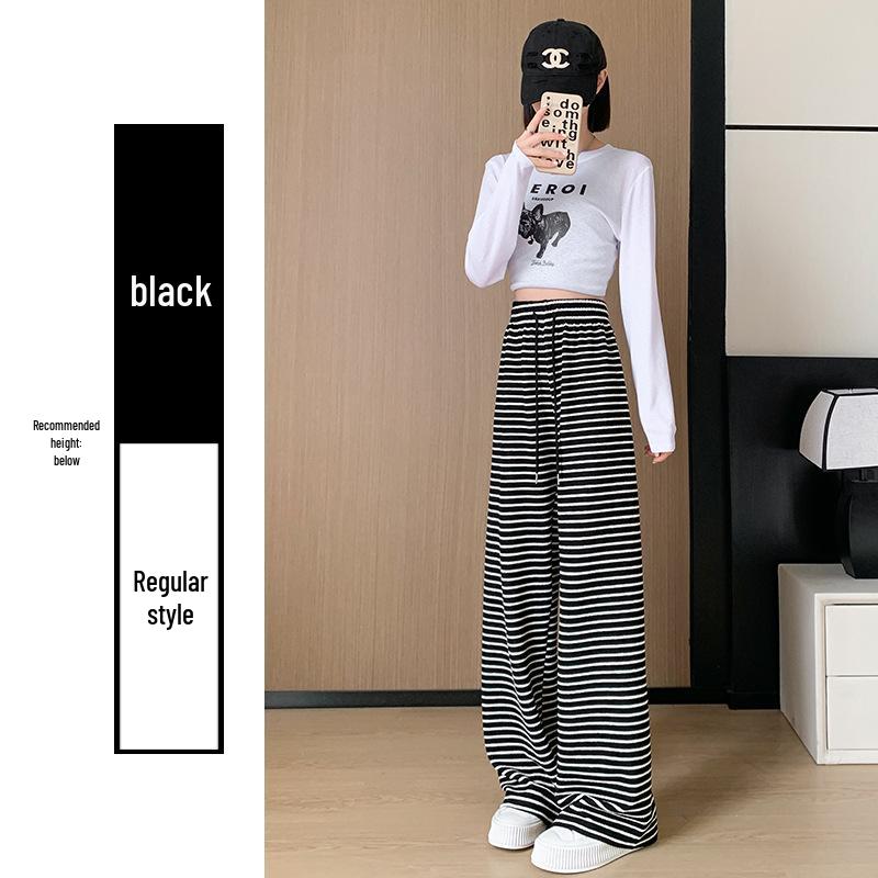 Women's Black and White Striped Terry Pants: High-Waist, Loose, Wide-Leg, Casual Fleece, Spring/Autumn 2025.