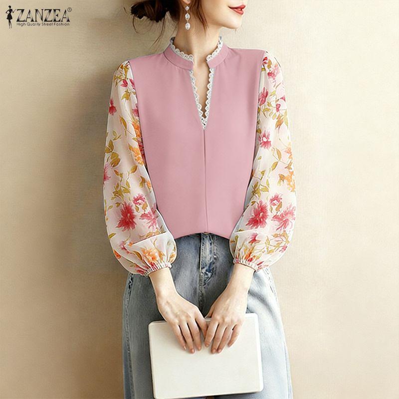 ZANZEA Women Casual V-Neck Floral Print Splice Long Sleeve Blouse