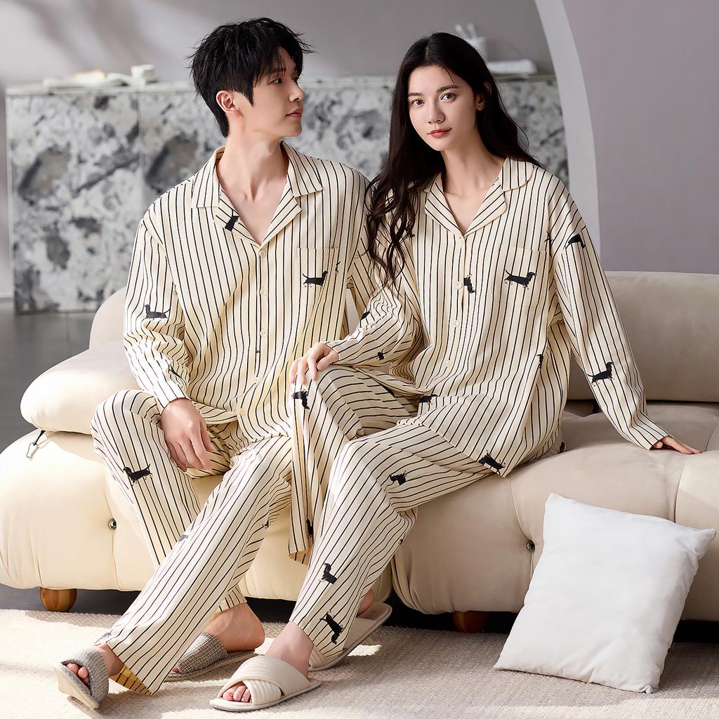Couple Pajamas Men'S And Women'S Spring And Autumn Autumn Pure Cotton Striped Long Sleeves Can Be Worn Outside Loungewear Suit
