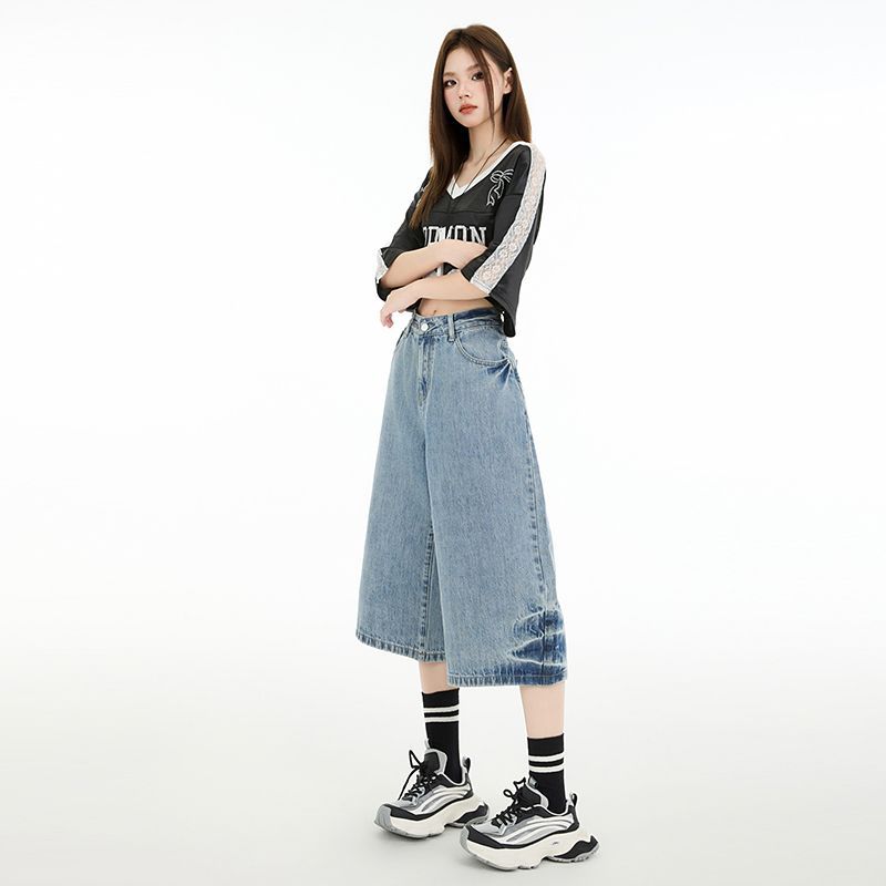 Spring Vintage High Waist Loose Wide Leg Draped Raw Edge Straight Cropped Capri Denim Pants For Women Versatile Slimming AllMatch Casual Bottoms